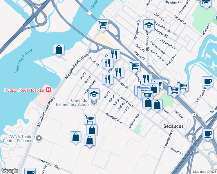 map of restaurants, bars, coffee shops, grocery stores, and more near 268 Centre Avenue in Secaucus