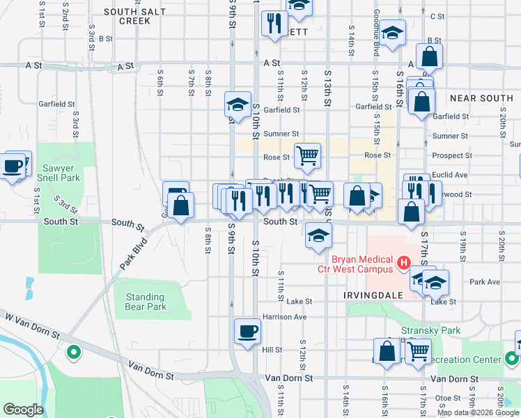 map of restaurants, bars, coffee shops, grocery stores, and more near 1021 Plum Street in Lincoln