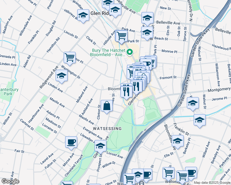 map of restaurants, bars, coffee shops, grocery stores, and more near 121 Thomas Street in Bloomfield