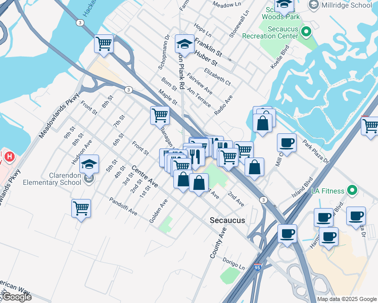 map of restaurants, bars, coffee shops, grocery stores, and more near 1324 Paterson Plank Road in Secaucus