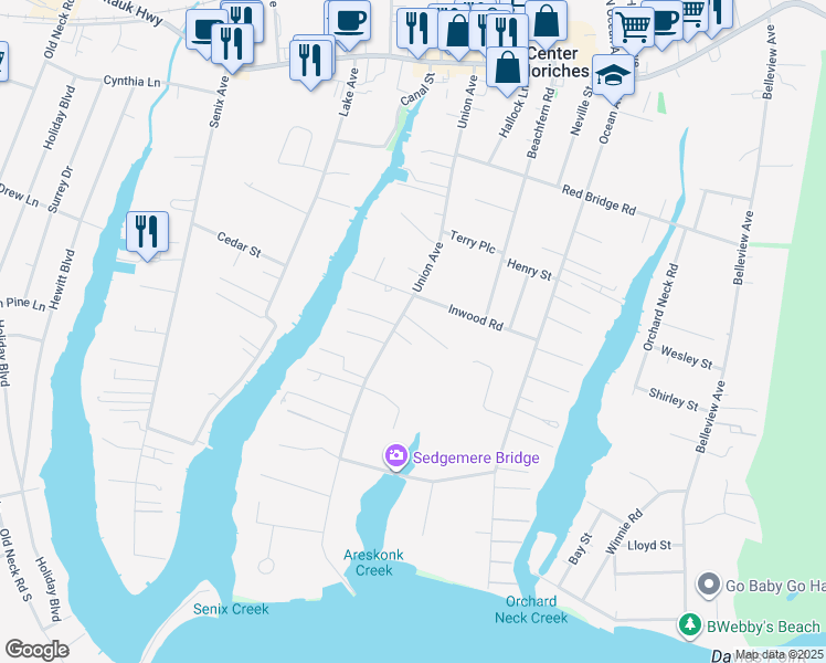 map of restaurants, bars, coffee shops, grocery stores, and more near 4 Areskonk Lane in Center Moriches