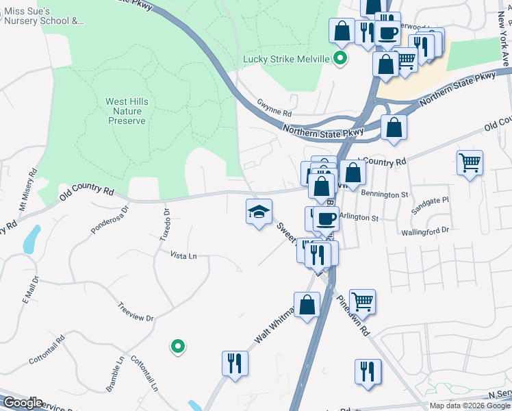 map of restaurants, bars, coffee shops, grocery stores, and more near 503 Sweet Hollow Road in Melville
