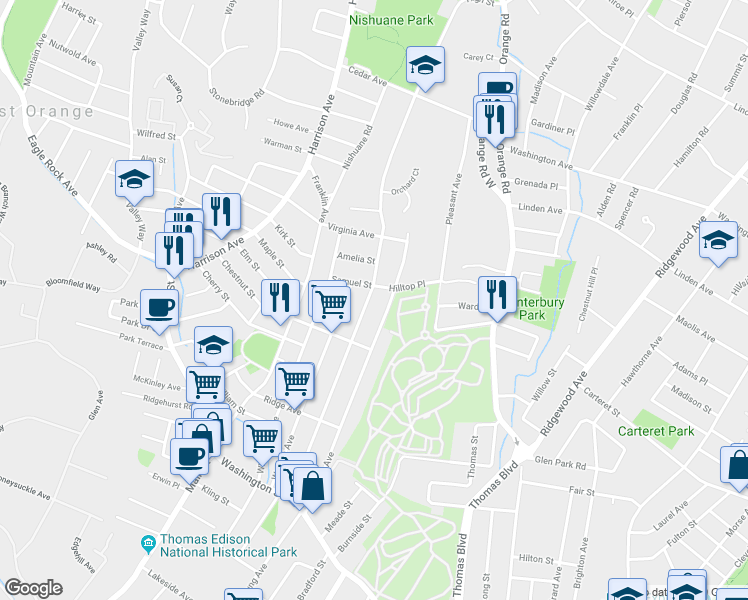 map of restaurants, bars, coffee shops, grocery stores, and more near 12 High Street in West Orange