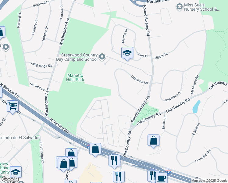 map of restaurants, bars, coffee shops, grocery stores, and more near 19 Cabriolet Lane in Melville