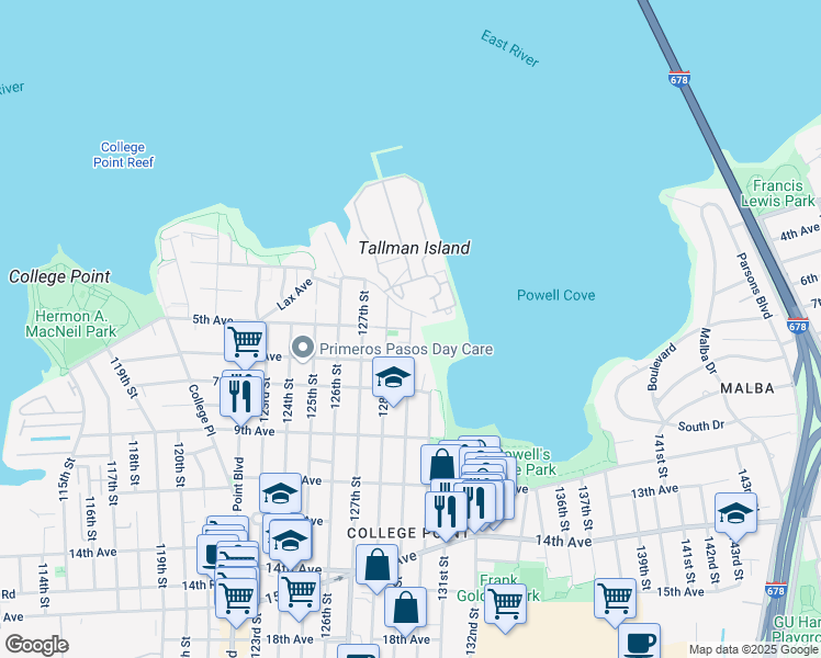 map of restaurants, bars, coffee shops, grocery stores, and more near 5-1 Schorr Drive in Queens