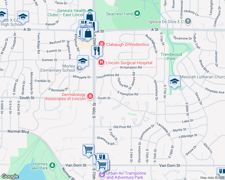 map of restaurants, bars, coffee shops, grocery stores, and more near 7205 South Hampton Road in Lincoln