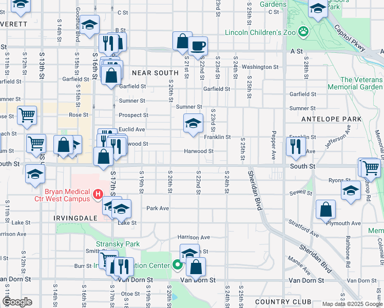 map of restaurants, bars, coffee shops, grocery stores, and more near 2127 Harwood Street in Lincoln