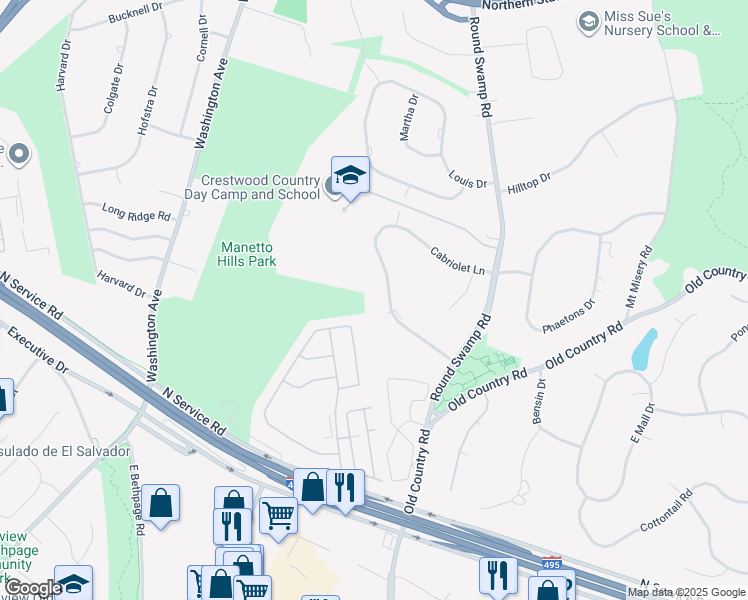 map of restaurants, bars, coffee shops, grocery stores, and more near 19 Cabriolet Lane in Melville