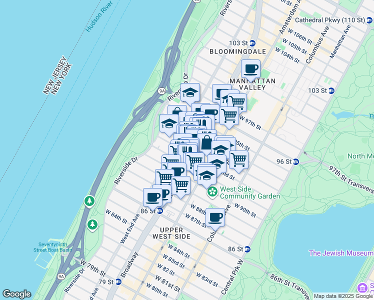map of restaurants, bars, coffee shops, grocery stores, and more near 251 West 92nd Street in New York