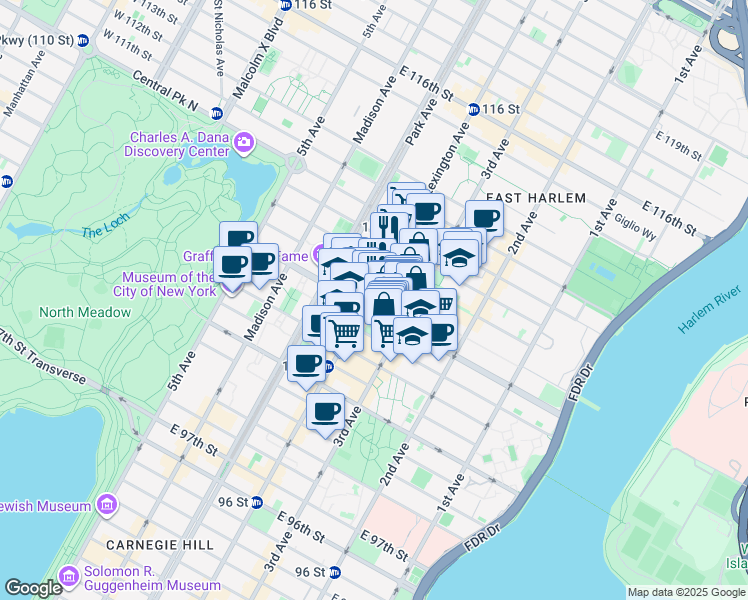 map of restaurants, bars, coffee shops, grocery stores, and more near 1695 Lexington Avenue in New York