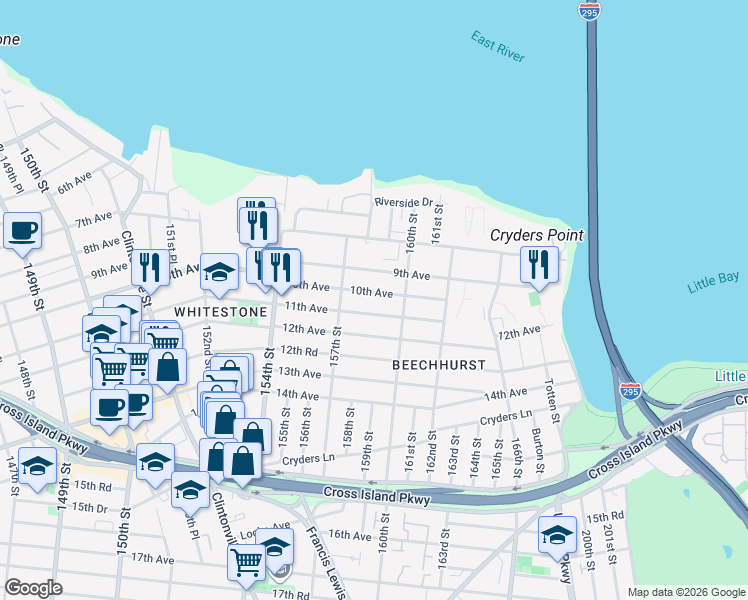 map of restaurants, bars, coffee shops, grocery stores, and more near 157-38 10th Avenue in Queens