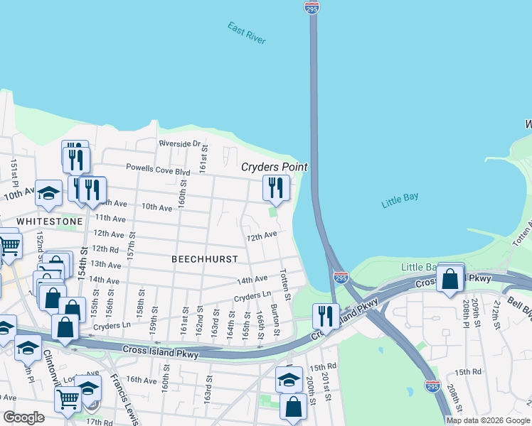 map of restaurants, bars, coffee shops, grocery stores, and more near 168-03 12th Ave in Queens