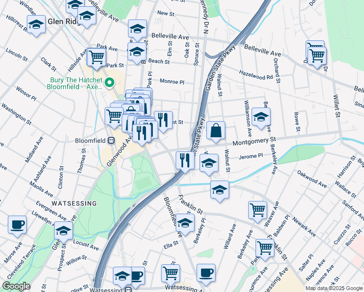 map of restaurants, bars, coffee shops, grocery stores, and more near 279 Montgomery Street in Bloomfield