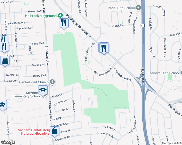 map of restaurants, bars, coffee shops, grocery stores, and more near 215L Springmeadow Drive in Holbrook