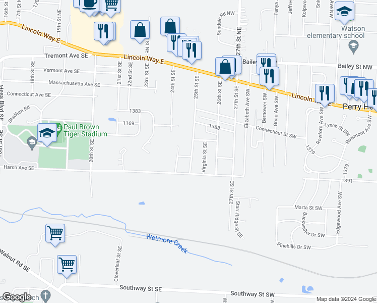 map of restaurants, bars, coffee shops, grocery stores, and more near 369 25th Street Southeast in Massillon