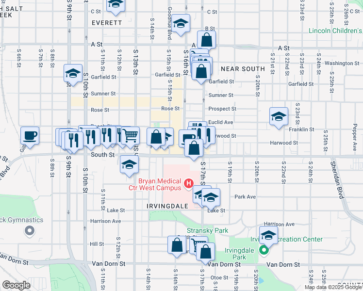 map of restaurants, bars, coffee shops, grocery stores, and more near 2033 South 16th Street in Lincoln