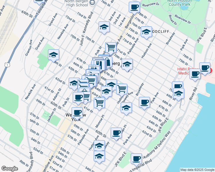map of restaurants, bars, coffee shops, grocery stores, and more near 418 65th Street in West New York