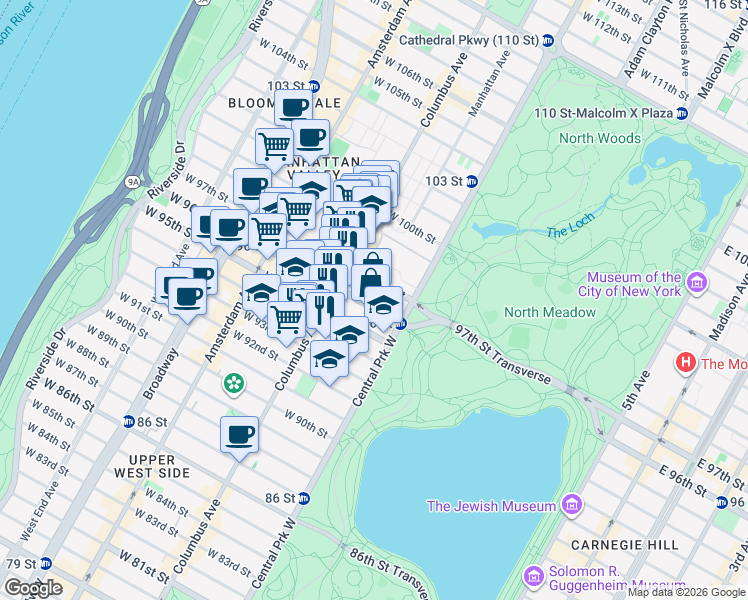 map of restaurants, bars, coffee shops, grocery stores, and more near 65 West 96th Street in New York