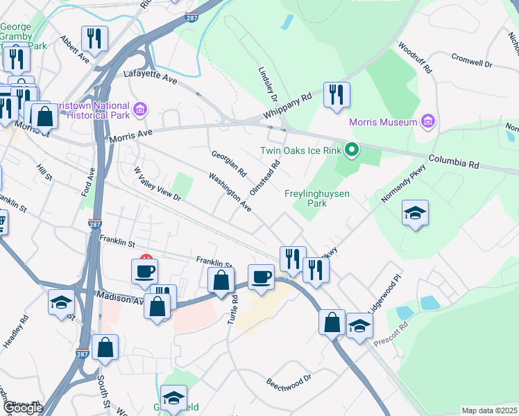 map of restaurants, bars, coffee shops, grocery stores, and more near 104 Washington Avenue in Morristown