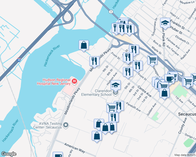 map of restaurants, bars, coffee shops, grocery stores, and more near 687 9th Street in Secaucus