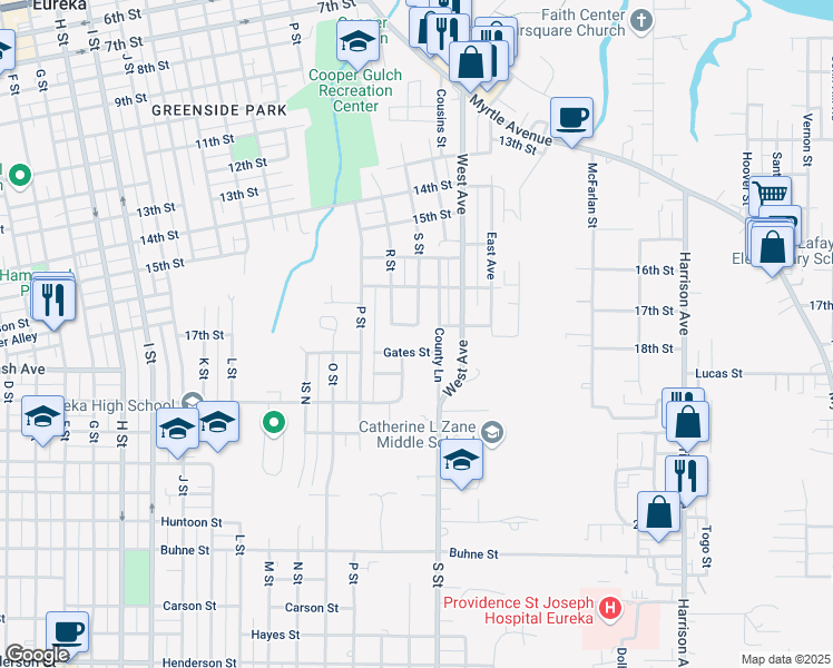 map of restaurants, bars, coffee shops, grocery stores, and more near 1714 18th Street in Eureka