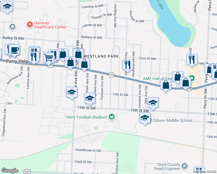 map of restaurants, bars, coffee shops, grocery stores, and more near 209 Harding Avenue Southwest in Massillon