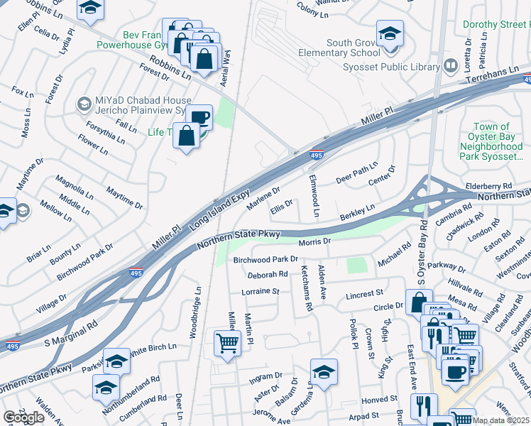 map of restaurants, bars, coffee shops, grocery stores, and more near 43 Berkley Lane in Syosset