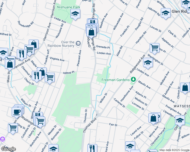 map of restaurants, bars, coffee shops, grocery stores, and more near 387 Orange Road in Montclair