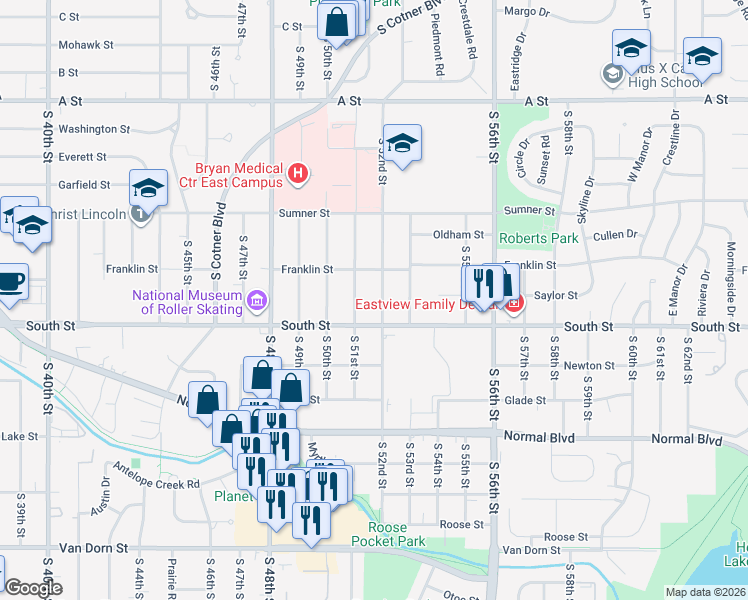 map of restaurants, bars, coffee shops, grocery stores, and more near 1941 South 52nd Street in Lincoln