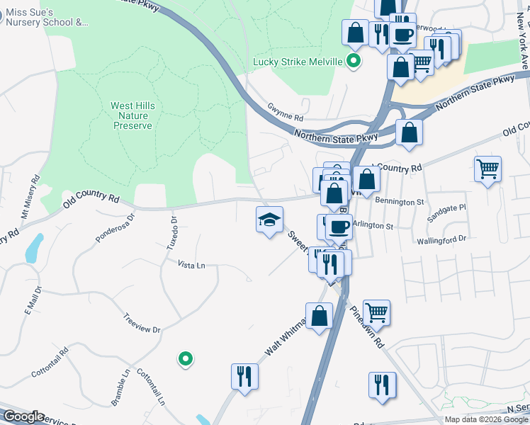 map of restaurants, bars, coffee shops, grocery stores, and more near 503 Sweet Hollow Road in Melville
