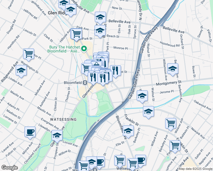 map of restaurants, bars, coffee shops, grocery stores, and more near 10 Washington Street in Bloomfield