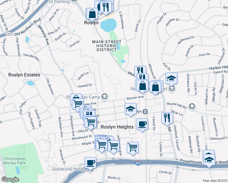 map of restaurants, bars, coffee shops, grocery stores, and more near 20 Edwards Street in Roslyn Heights