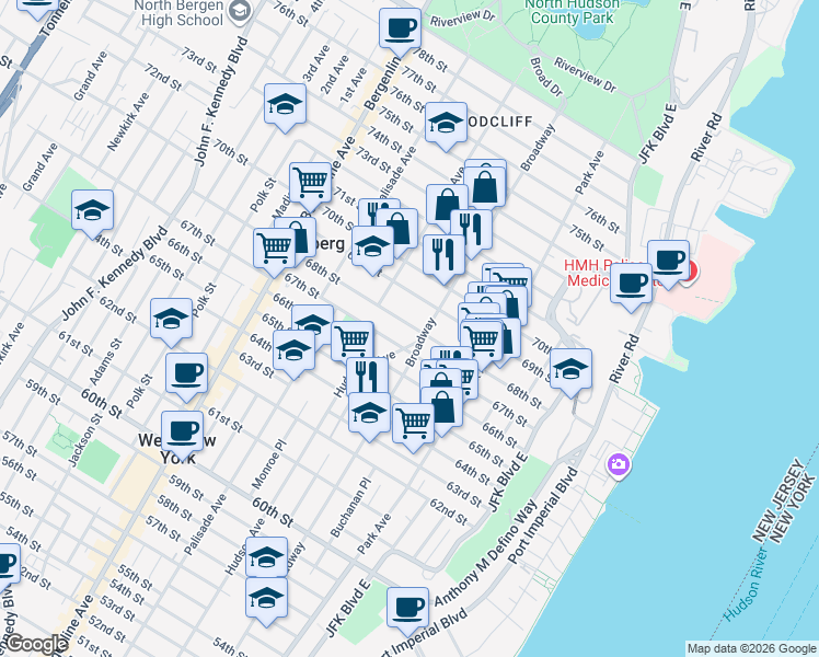 map of restaurants, bars, coffee shops, grocery stores, and more near 209 68th Street in Guttenberg