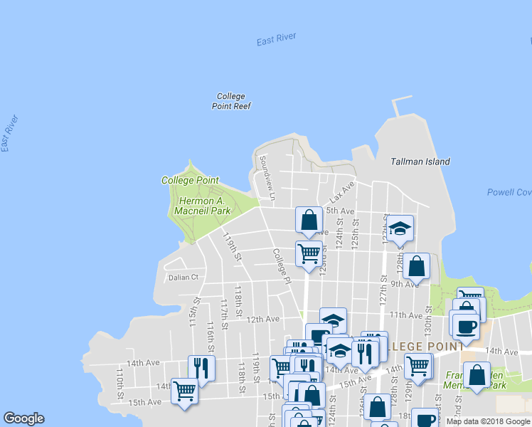 map of restaurants, bars, coffee shops, grocery stores, and more near 5-07 College Place in Queens
