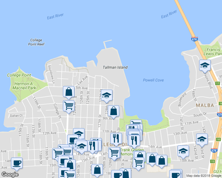 map of restaurants, bars, coffee shops, grocery stores, and more near 501 Schorr Drive in Queens