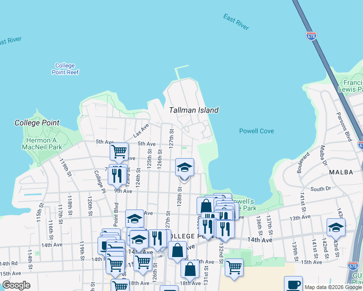 map of restaurants, bars, coffee shops, grocery stores, and more near 5-03 127th Street in Queens