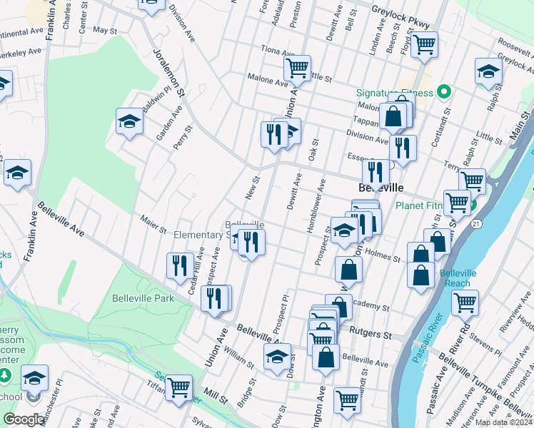 map of restaurants, bars, coffee shops, grocery stores, and more near 250 Union Avenue in Belleville