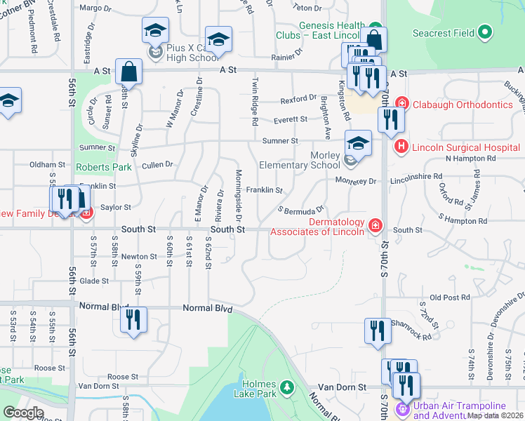 map of restaurants, bars, coffee shops, grocery stores, and more near 2001 Twin Ridge Road in Lincoln