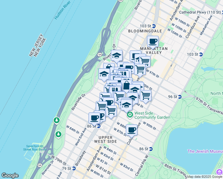 map of restaurants, bars, coffee shops, grocery stores, and more near 265 West 92nd Street in New York