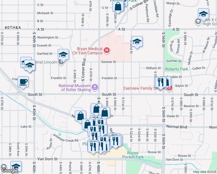 map of restaurants, bars, coffee shops, grocery stores, and more near 2000 South 49th Street in Lincoln