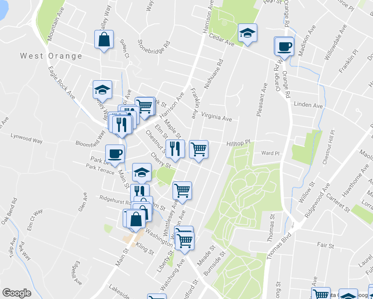 map of restaurants, bars, coffee shops, grocery stores, and more near 62a Franklin Avenue in West Orange