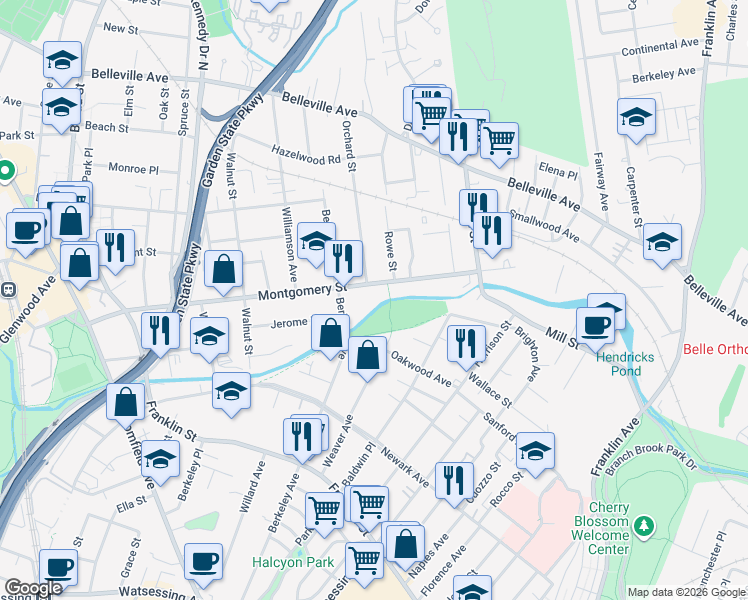 map of restaurants, bars, coffee shops, grocery stores, and more near 102 Montgomery Street in Bloomfield