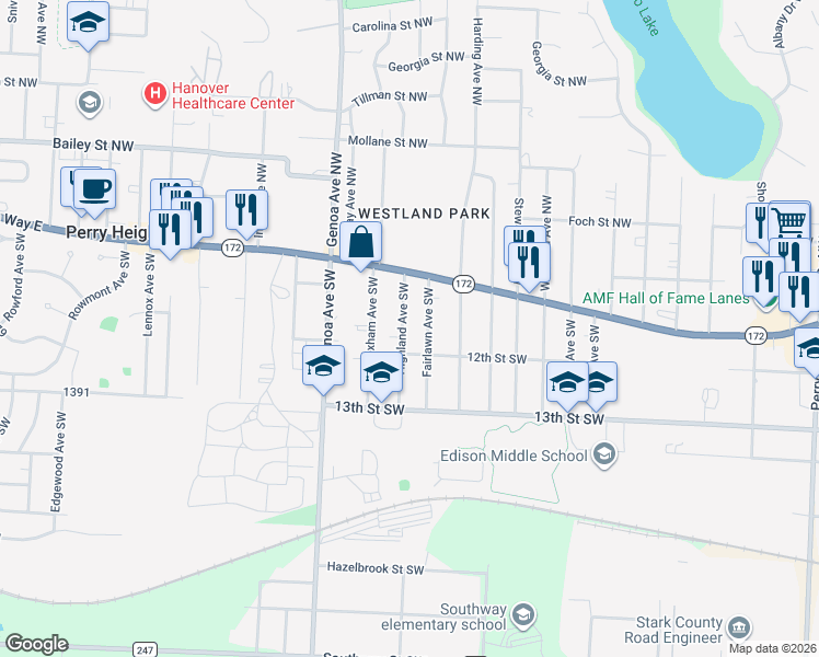 map of restaurants, bars, coffee shops, grocery stores, and more near 212 Highland Ave SW in Massillon