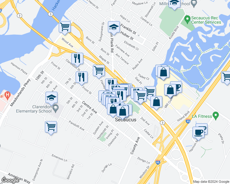 map of restaurants, bars, coffee shops, grocery stores, and more near 1386 Paterson Plank Road in Secaucus