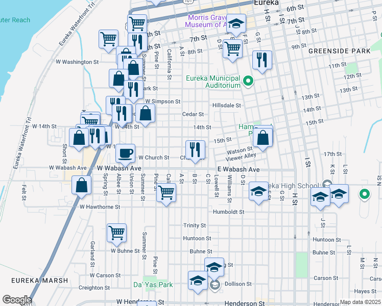 map of restaurants, bars, coffee shops, grocery stores, and more near 1612 B Street in Eureka