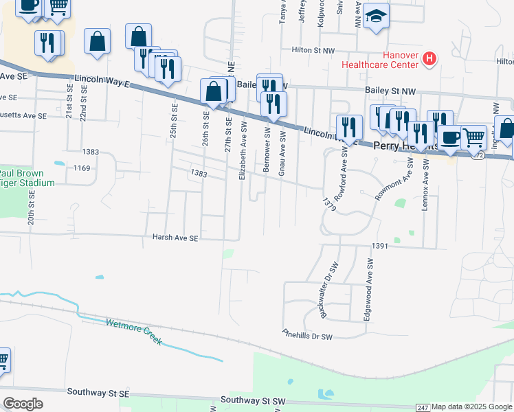 map of restaurants, bars, coffee shops, grocery stores, and more near 323 Bernower Avenue Southwest in Massillon