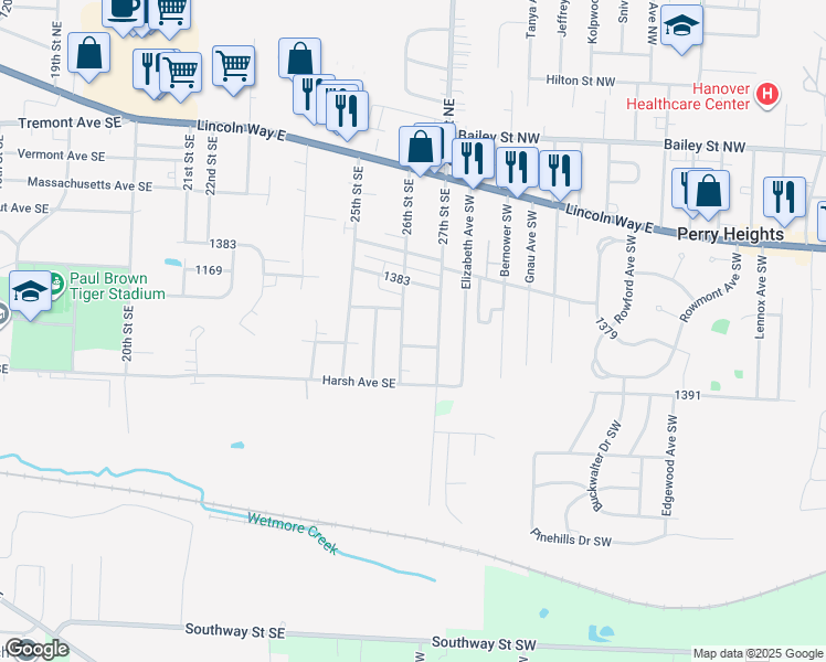 map of restaurants, bars, coffee shops, grocery stores, and more near 352 26th St SE in Massillon