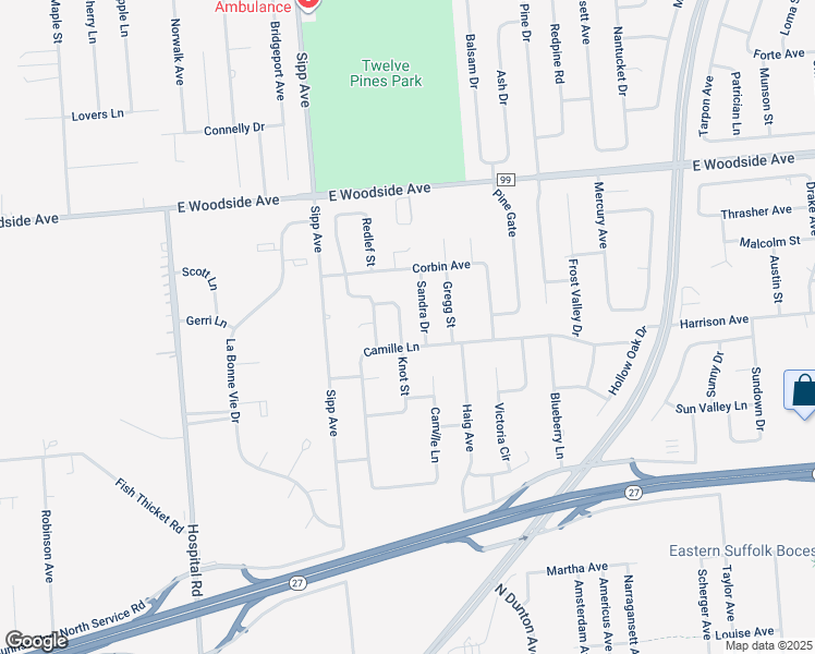 map of restaurants, bars, coffee shops, grocery stores, and more near 26 Knot Street in East Patchogue