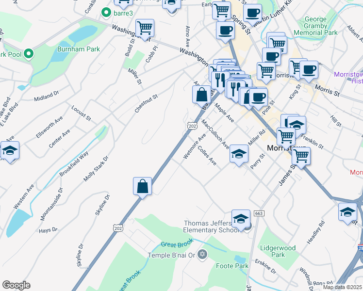 map of restaurants, bars, coffee shops, grocery stores, and more near 38 Mount Kemble Avenue in Morristown