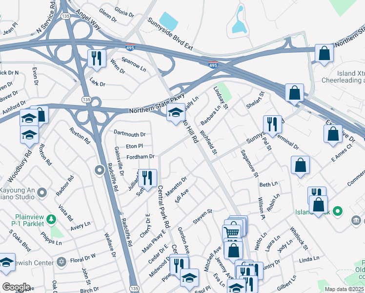 map of restaurants, bars, coffee shops, grocery stores, and more near 2 Park Court in Plainview